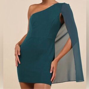 Lulu's Majestic Energy Cape One-Shoulder Dark Teal Dress